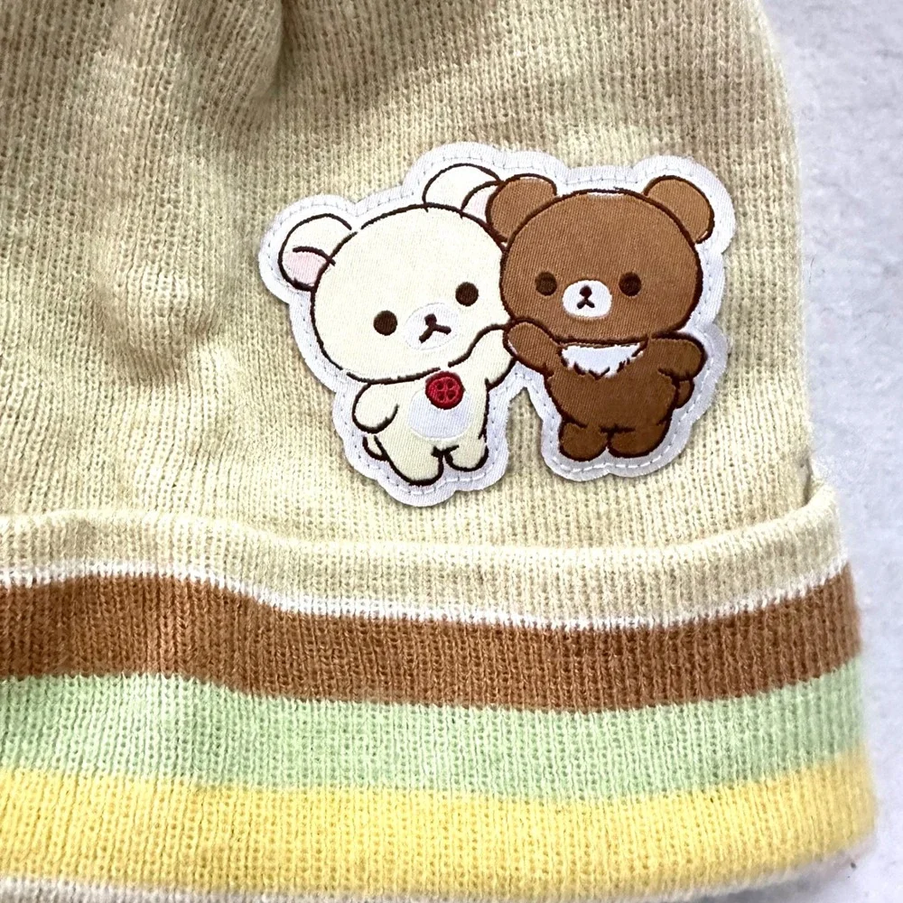Rilakkuma San-X Cream Striped Beanie Hat Kids OSFM Korilakkuma Bear Patch 2024